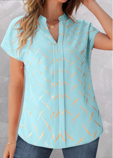 Modlily Light Blue Split Striped Short Sleeve Blouse - M