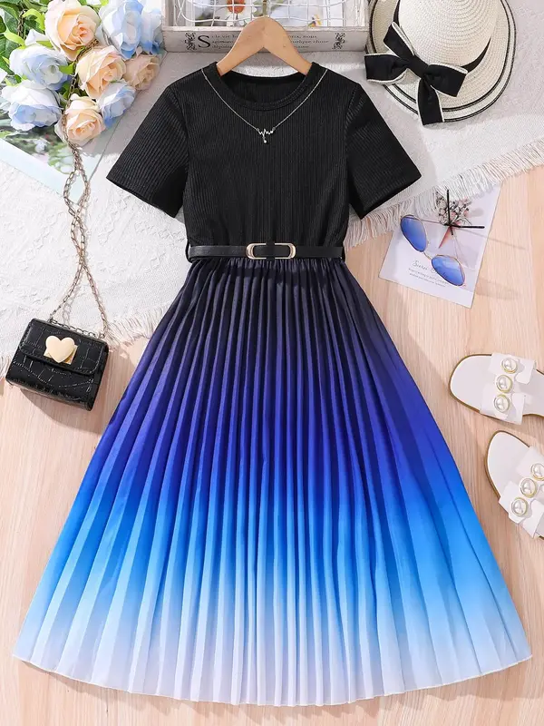 Girl's Ombre Print Pleated Belted A Line Dress, Cute Casual Round Neck Short Sleeve Dress for Daily Wear Holiday Vacation, Ki...