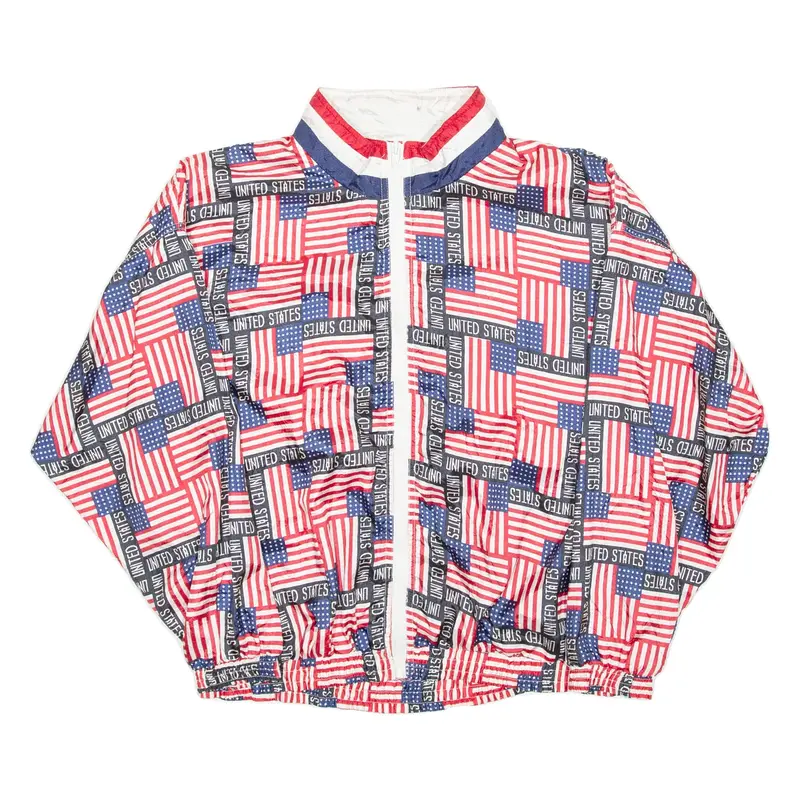SOLARE SPORTA Mens Bomber Jacket Red Nylon USA Crazy Pattern L