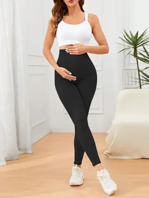 Maternity Solid High Waist Leggings, High Stretch Belly Support Leggings, Maternity Yoga Pants, Pregnancy Workout Leggings, C...