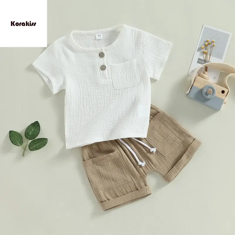 Baby Boys Summer 2-piece Outfits Solid Color Short Sleeve T-shirt with Breast Pocket and Casual Elastic Shorts Set