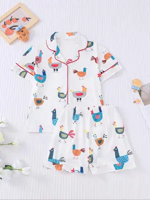 Girl's Cartoon Chicken Print Top & Shorts Pyjama Two-piece Set, Casual Comfy Short Sleeve Top & Shorts  Set, Kids Sleepwear f...