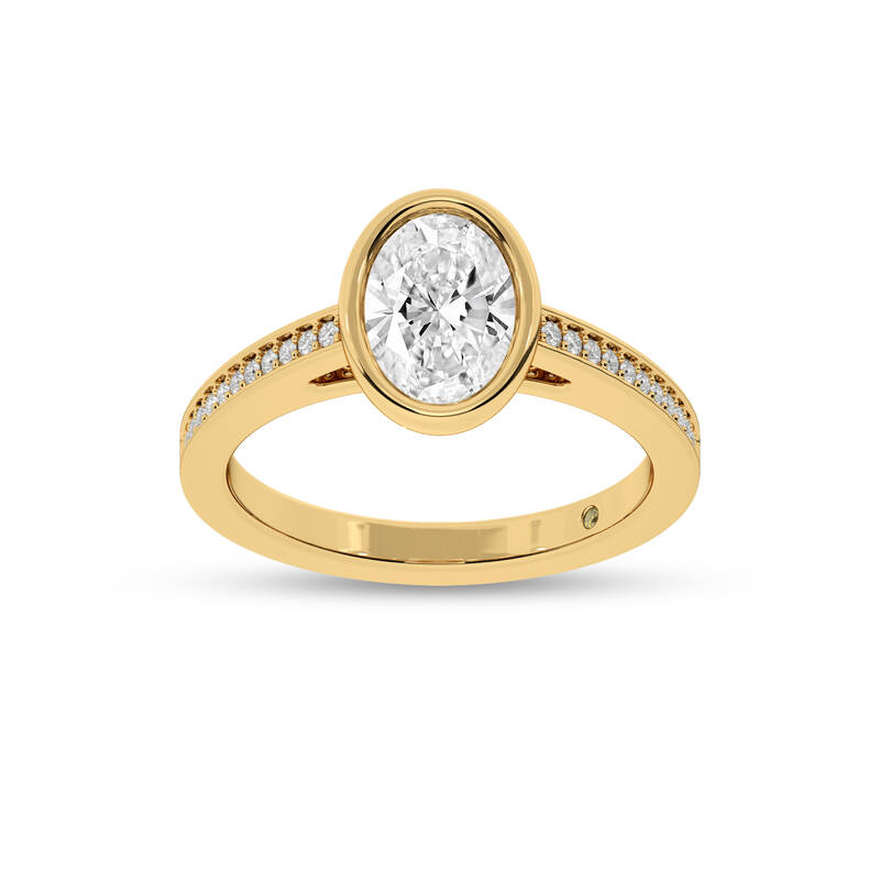 Lyra Pavé Set Half Coverage Bezel Oval Lab Grown Diamond Engagement Ring | 18K Yellow Gold 2 5/8 CT. TW.