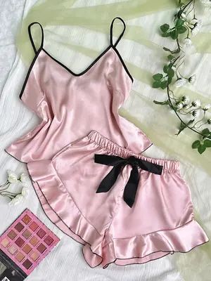 2 Counts Soft Satin Women's Contrast Binding Cami Top & Bow Shorts Pyjama, Korean Sleeveless Spaghetti Strap Camisole & Ruf...