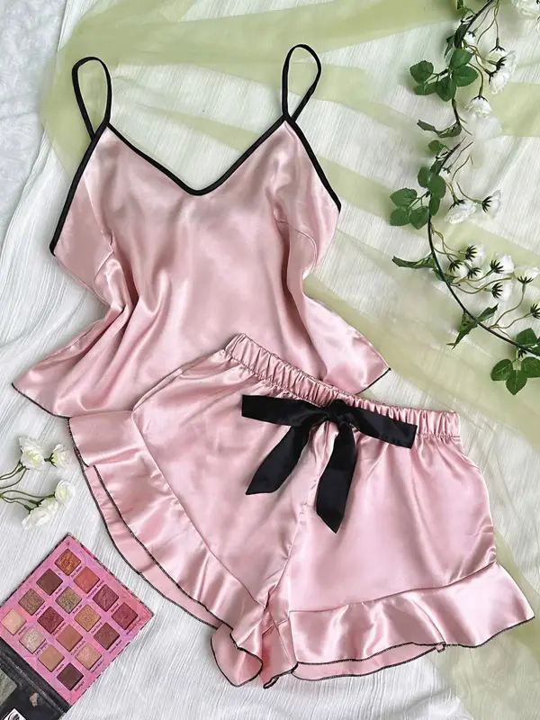 2 Counts Soft Satin Women's Contrast Binding Cami Top & Bow Shorts Pyjama, Korean Sleeveless Spaghetti Strap Camisole & Ruf...