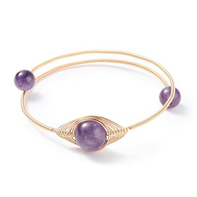Natural Amethyst Round Beaded Bangle