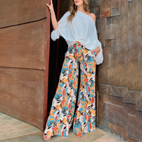 ChicMe Women's 2 Pieces Outfits Cold Shoulder Batwing Sleeve Top amd Casual Floral Print Pocket Design Wide Leg Pants Set