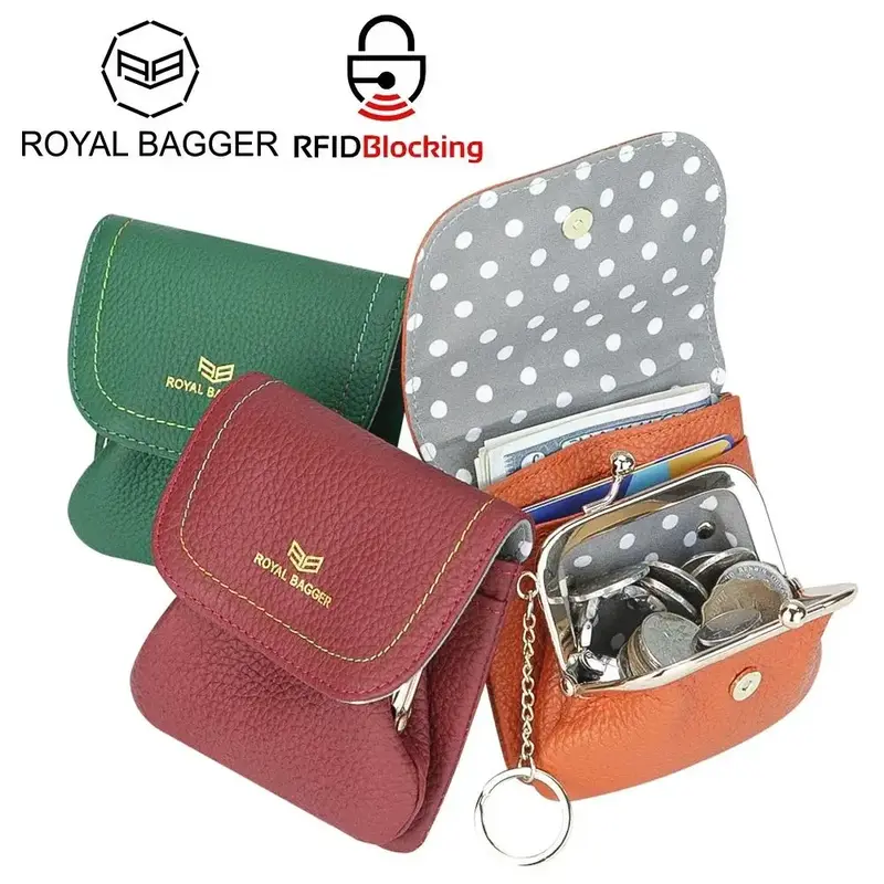 Royal Bagger Keychain Coin Purse for Women RFID Simple Credit Card Holder with Kiss Lock Genuine Leather Casual Storage Bag 2...