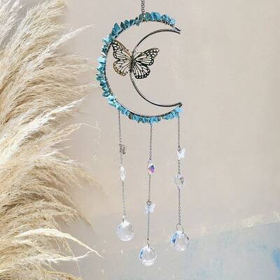 Synthetic Turquoise Chip Wrapped Moon with Butterfly Hanging Ornaments