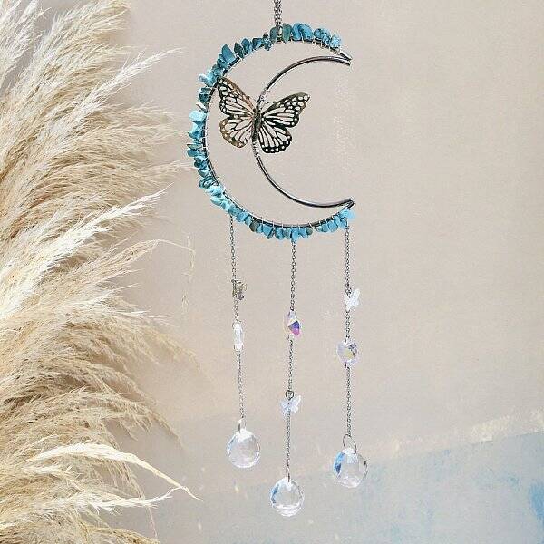 Synthetic Turquoise Chip Wrapped Moon with Butterfly Hanging Ornaments