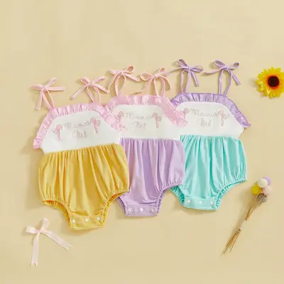 Baby Girl Summer Romper Sleeveless Tie Strap Bow Letter Embroidery Bodysuit Newborn Playsuit