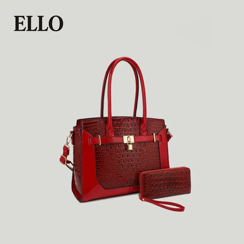 Women's  Crocodile Embossed Tote Set – Includes Large Glossy Handbag with Lock Detail & Matching Compact Clutch, Perfect fo...