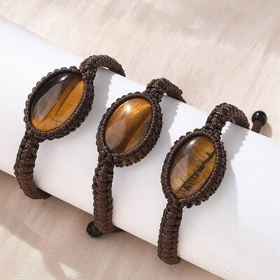 Adjustable Oval Natural Tiger Eye Braided Bead Bracelets