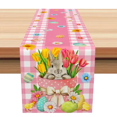 Aperturee White Pink Plaid Egg Bunny Floral Easter Table Runner | Patterned Table Runner | Printed Table Runner | Table Runne...