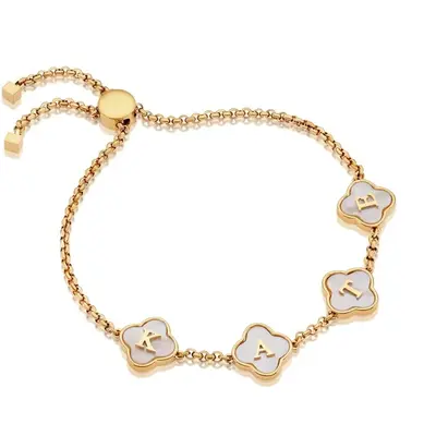 14K Gold Personalized Initial Flowers Charm Bracelet for Women