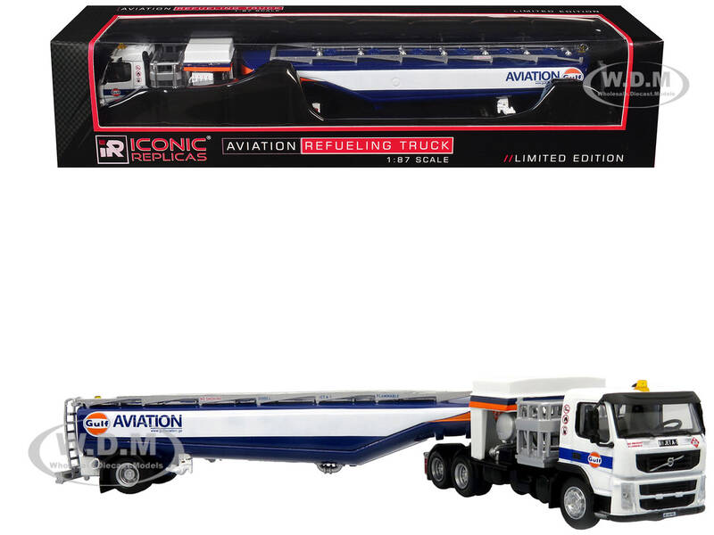 Volvo FM500 with Esterer Aviation Refueling Tanker Truck Gulf Aviation White with Blue Stripes Limited Edition 1/87 (HO) Di...