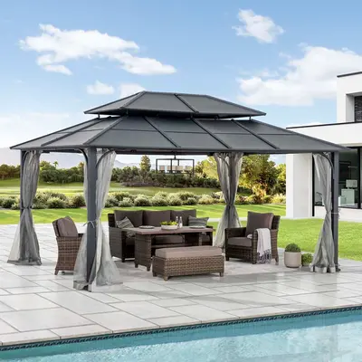 SUNJOY 12x16 Hard Top Gazebo with Steel Roof, Ceiling Hook, and Netting - Black