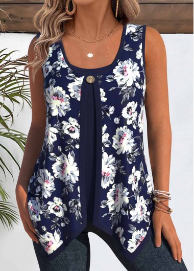 Modlily Navy Floral Print Sleeveless Tank Top and Camsiole - S