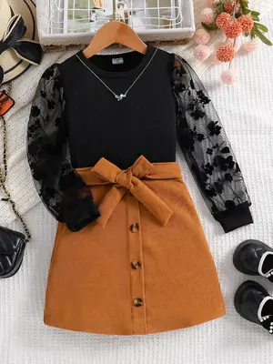Two-Piece Set Girl's Appliques Contrast Mesh Puff Sleeve Blouse & Belted Skirt Set, Elegant Fashion Casual Round Neck Top & A...