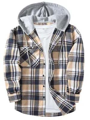 【Plus Size】 Plaid Print Button Front Drawstring Hooded Shirt, Casual Regular Fit Long Sleeve Pocket Top for Daily Wear, M...