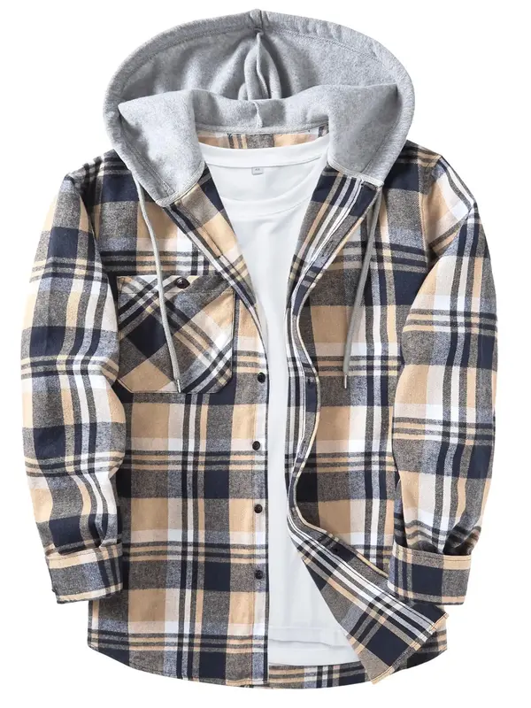 【Plus Size】 Plaid Print Button Front Drawstring Hooded Shirt, Casual Regular Fit Long Sleeve Pocket Top for Daily Wear, M...