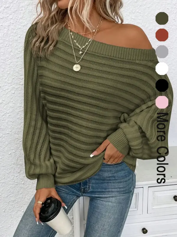 Women's Textured Asymmetrical Neck Sweater, Casual Long Sleeve Batwing Sleeve Jumper for Daily Outdoor Wear, Ladies Knit Top ...