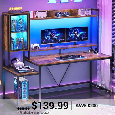 SEDETA 60 Inch Gaming Desk with Hutch and LED Lights Black Home Office Furniture