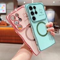 for Samsung Galaxy S24 S25 Ultra Phone Case Compatible with Magsafe Cute Curly Wave Frame Luxury Plated Love Hearts Raised Le...