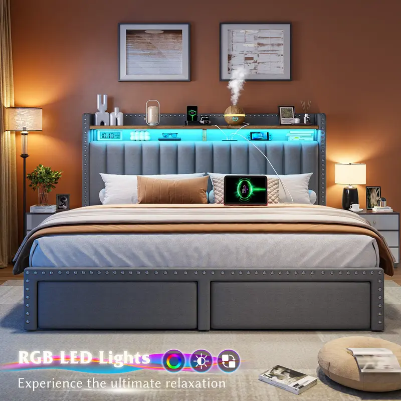 Raybee Luxury King/Queen/Full Bed Frame with Storage Shelf & 2 Drawers,NO MATTRESS, Upholstered Bed Frame with LED &Power Out...