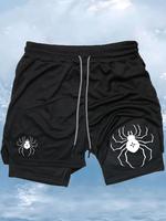 Men's Spider Print 2 in 1 Drawstring Waist Sporty Shorts, Casual Sporty Regular Fit Quick Drying Breathable Bottoms, Men Spor...