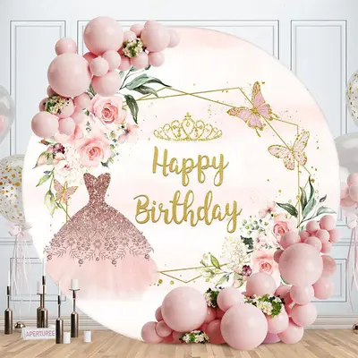 Pink Floral Sparkling Dress Round Birthday Backdrop - Aperturee