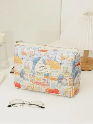 Colorblock All over Print Letter Patched Design Makeup Bag, Casual Zipper Makeup Bag, Portable Makeup Bag for Travel & Daily ...