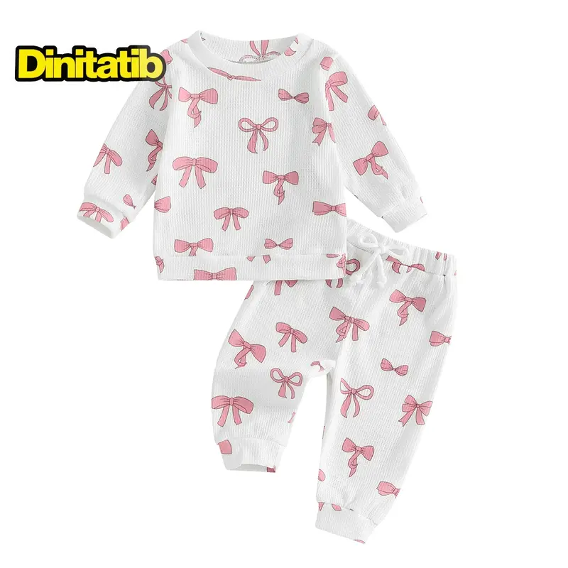 Baby Girls 2-piece Outfit, 0-3 Years Bow Print Long Sleeve Crew Neck Sweatshirt with Elastic Waist Sweatpants Fall Clothes Ca...