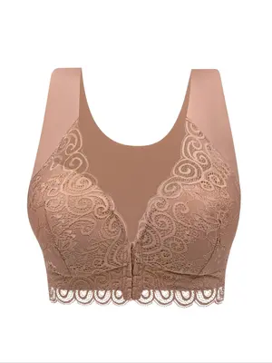 Women's Plain Contrast Lace Hook & Eye Closure Lingerie Top, Comfort Breathable Cozy Bra for Daily Wear, Lady Underwear for A...