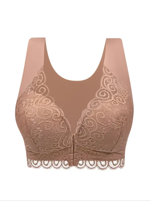 Women's Plain Contrast Lace Hook & Eye Closure Lingerie Top, Comfort Breathable Cozy Bra for Daily Wear, Lady Underwear for A...