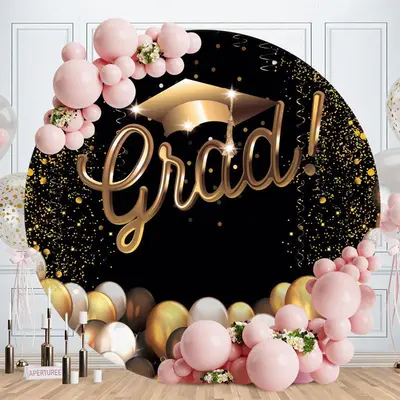 Aperturee Gold Black Ballon Round Glitter Grad Backdrop