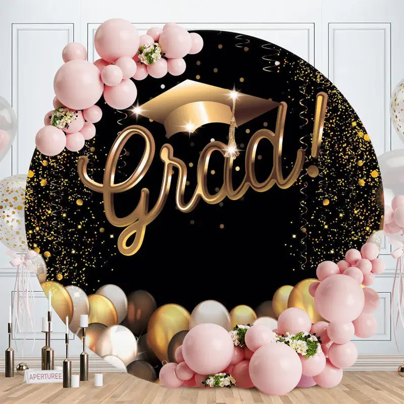 Aperturee Gold Black Ballon Round Glitter Grad Backdrop