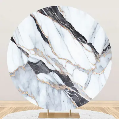 Black Golden Marble White Round Birthday Backdrop - Aperturee