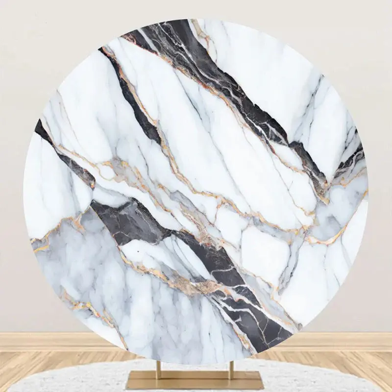 Black Golden Marble White Round Birthday Backdrop - Aperturee