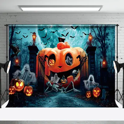 Scary Giant Pumpkin Skull Moon Light Halloween Backdrop