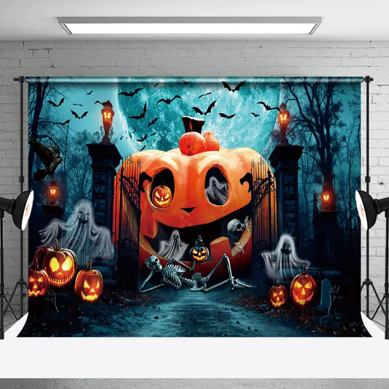 Scary Giant Pumpkin Skull Moon Light Halloween Backdrop