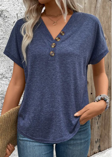 Modlily Navy Button Short Sleeve V Neck Blouse - M