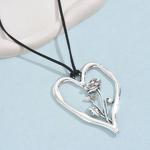 Birth Flower Heart Zinc Alloy Pendant Black Faux Suede Cord Necklaces for Women