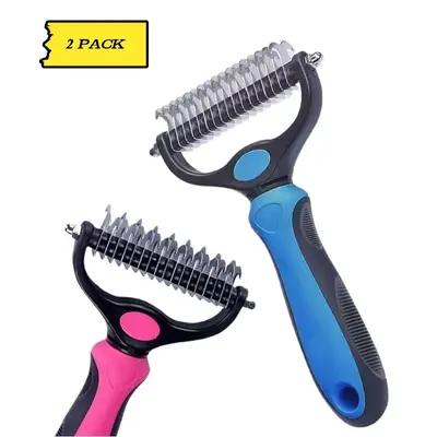 2-Pack Deshedding and Dematting Brush for Dogs and Cats with Long and Thick Hair, Dual Sided, Round Blades for Safety - Stain...