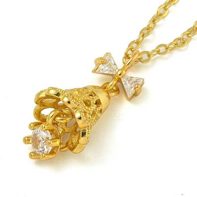 Brass Clear Cubic Zirconia Christmas Bell with Bowknot Pendant Necklaces