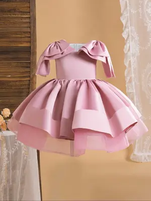 Girl's Contrast Mesh Big Bow Decor Fit and Flare Dress, Elegant Sleeveless Round Neck Tiered Layer Dress for Party Wedding Gu...