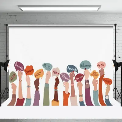 White Various Languages Hands Welcome Party Backdrop