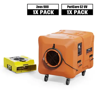 Alorair Sanitization & Disinfection Combo Pack, 1 X Zeus 900 Air Mover, 1 X PuriCare S2 UV Air Scrubber - Yellow