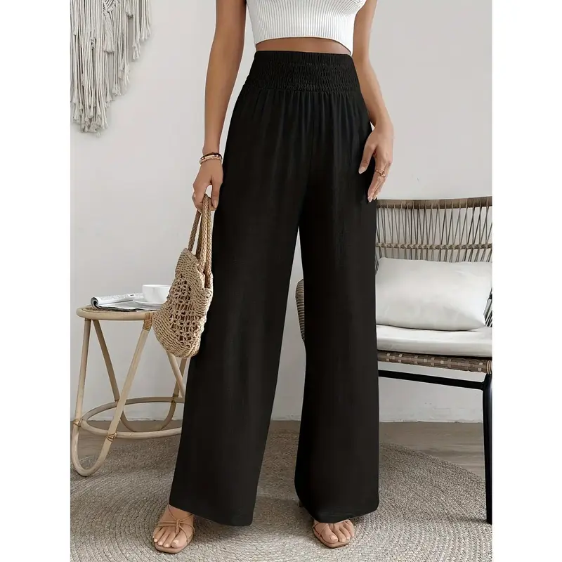 Elegant High-Waisted Wide Leg Pants for Women, Solid Color, Polyester, Woven, Casual Flowy Trousers for Spring/Summer/Fall