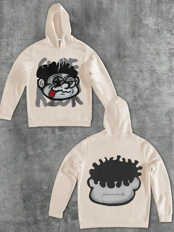 Men's Cartoon Face Print Hoodie, Casual Fashion Drawstring Long Sleeve Hooded Sweatshirt for Daily Holiday Outdoor Wear, Men ...